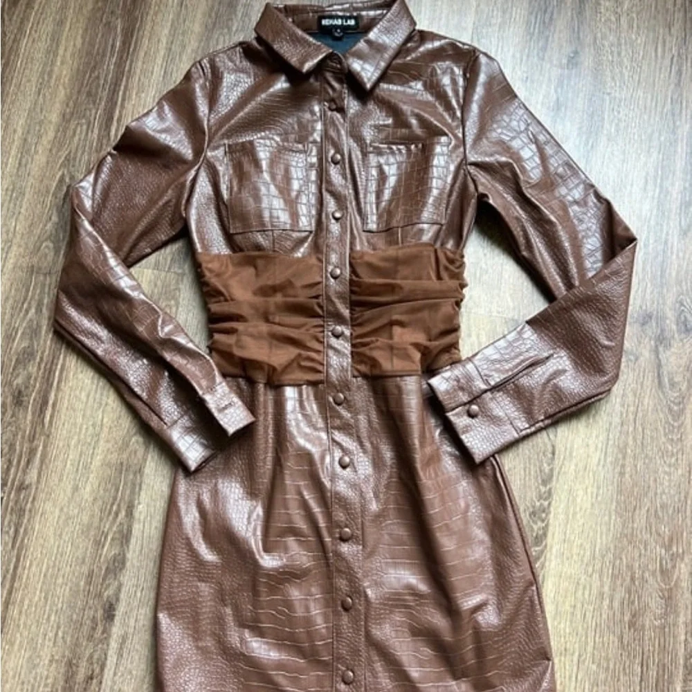 . Brown Textured Long Sleeve Dress - Picture 1 of 5